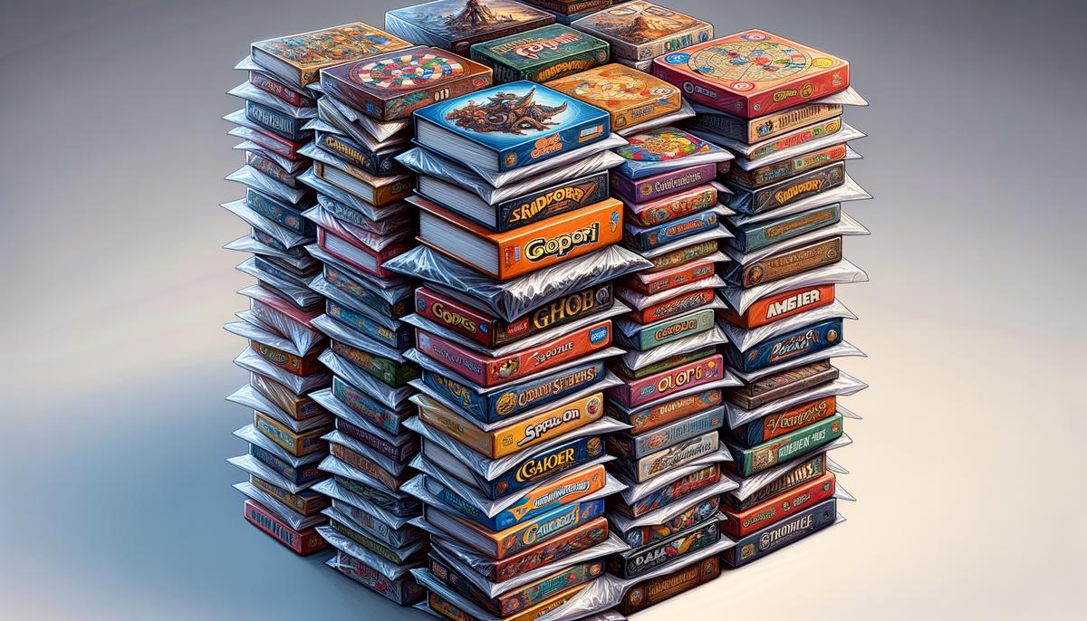 A stack of board games with protective sleeves and bagged components to maintain their condition