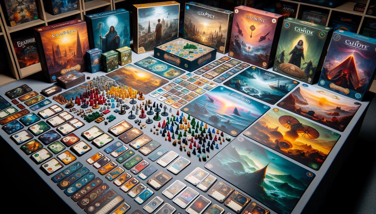 Various board game expansions displayed on a table