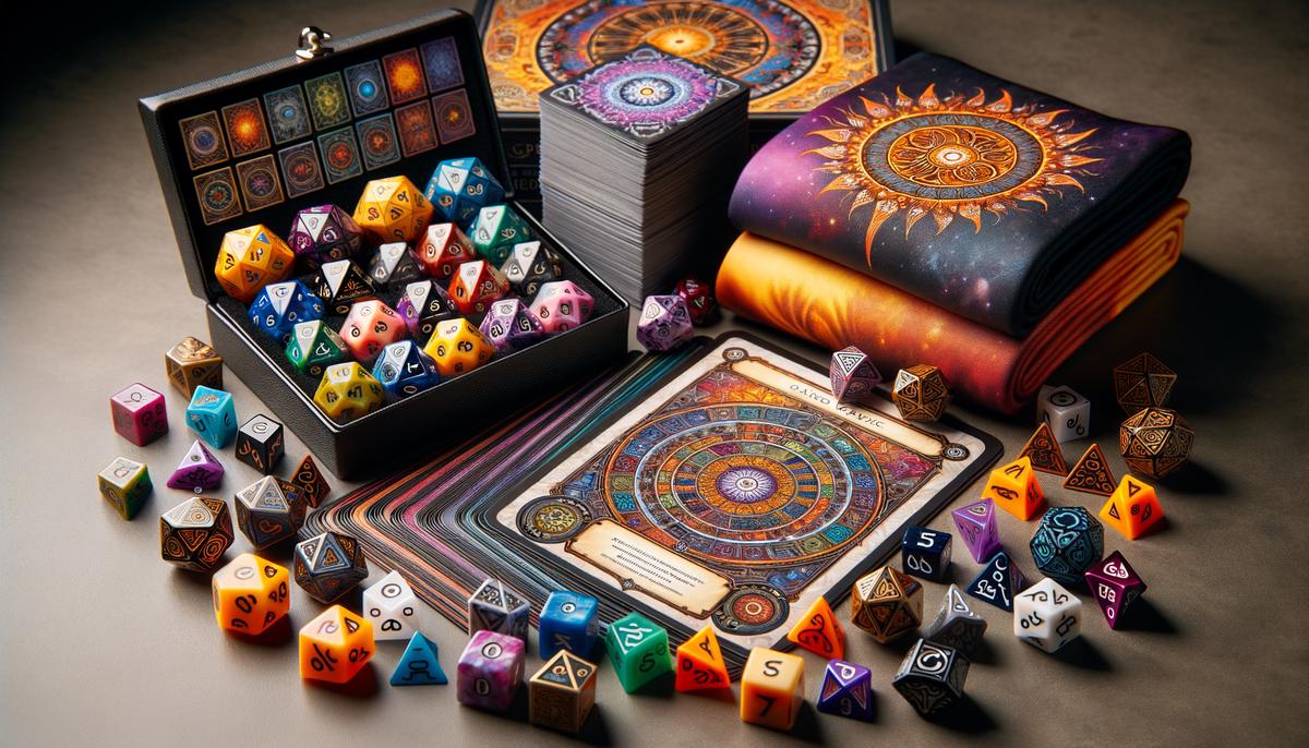Various board gaming accessories such as dice, card sleeves, and game mats displayed together