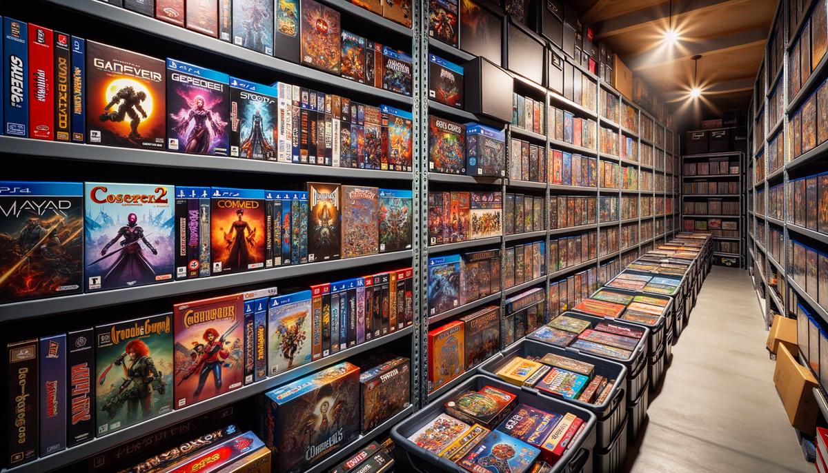 An image of neatly organized video game and board game collection stored in a storage unit