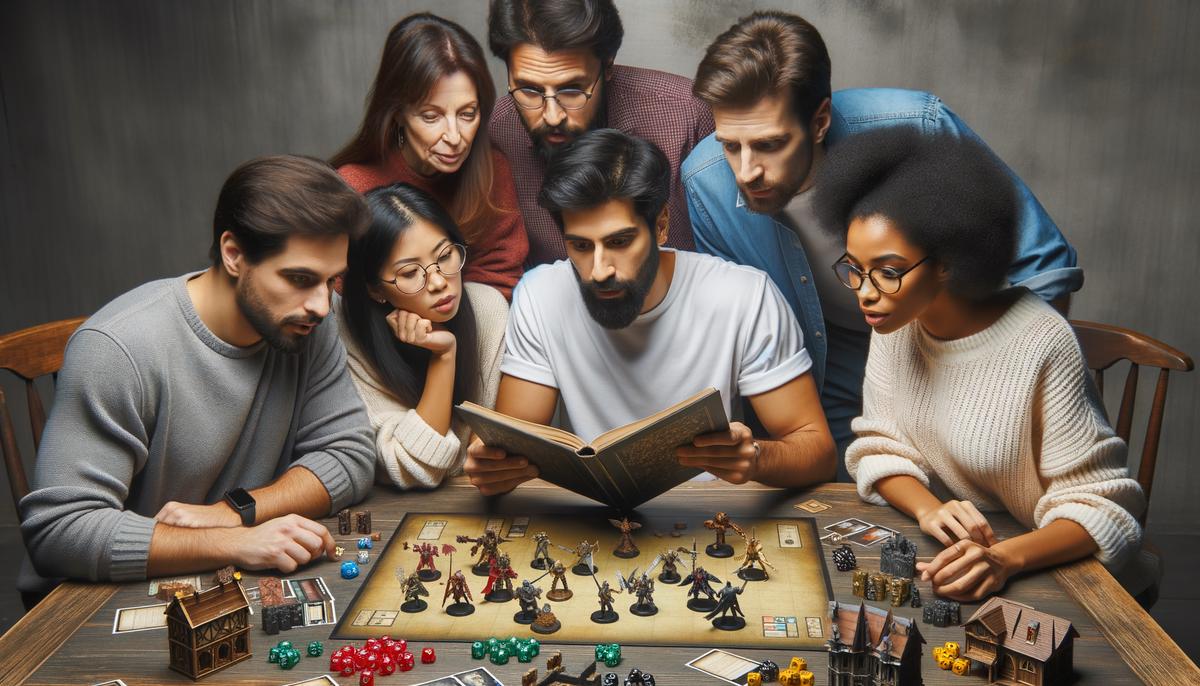 A group of friends playing a tabletop game and referencing a rulebook to enhance their gaming experience