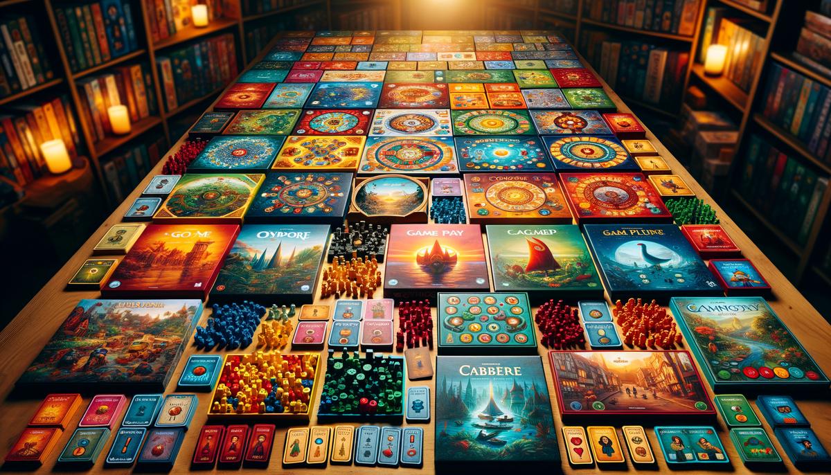 A variety of colorful Print & Play board games spread out on a table.