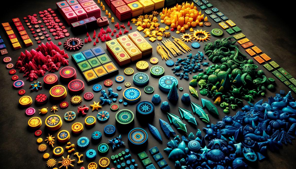 An image showing different colorful print and play game pieces